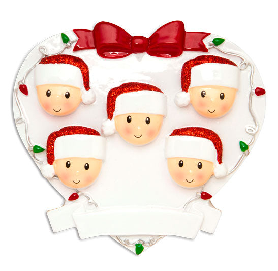OR1601-5 - Red + Green Head On Hearts Family of 5 Personalized Christmas Ornament