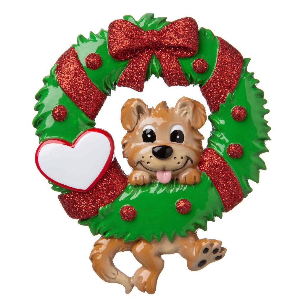 OR1706 - Dog Hanging from a Wreath Personalized Christmas Ornament