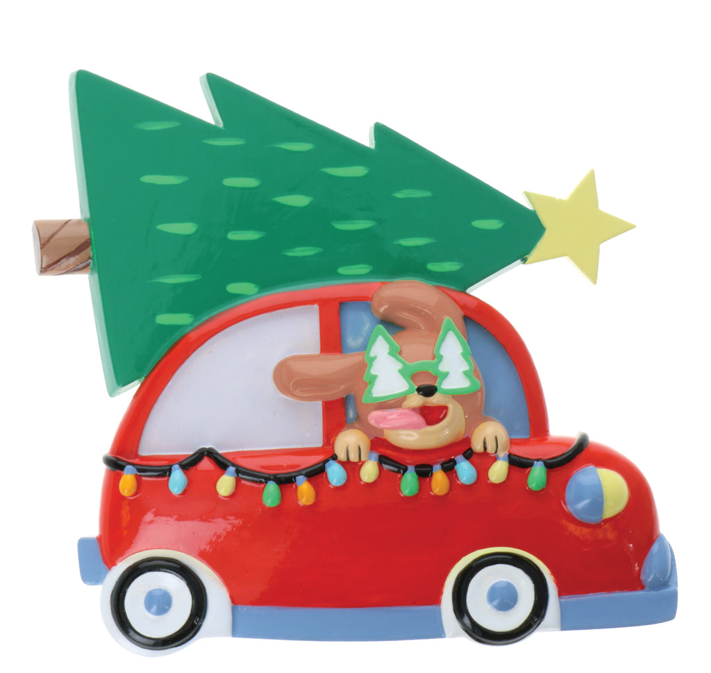 OR2214 - Dog in Car w/Tree on Top Personalized Christmas Ornament