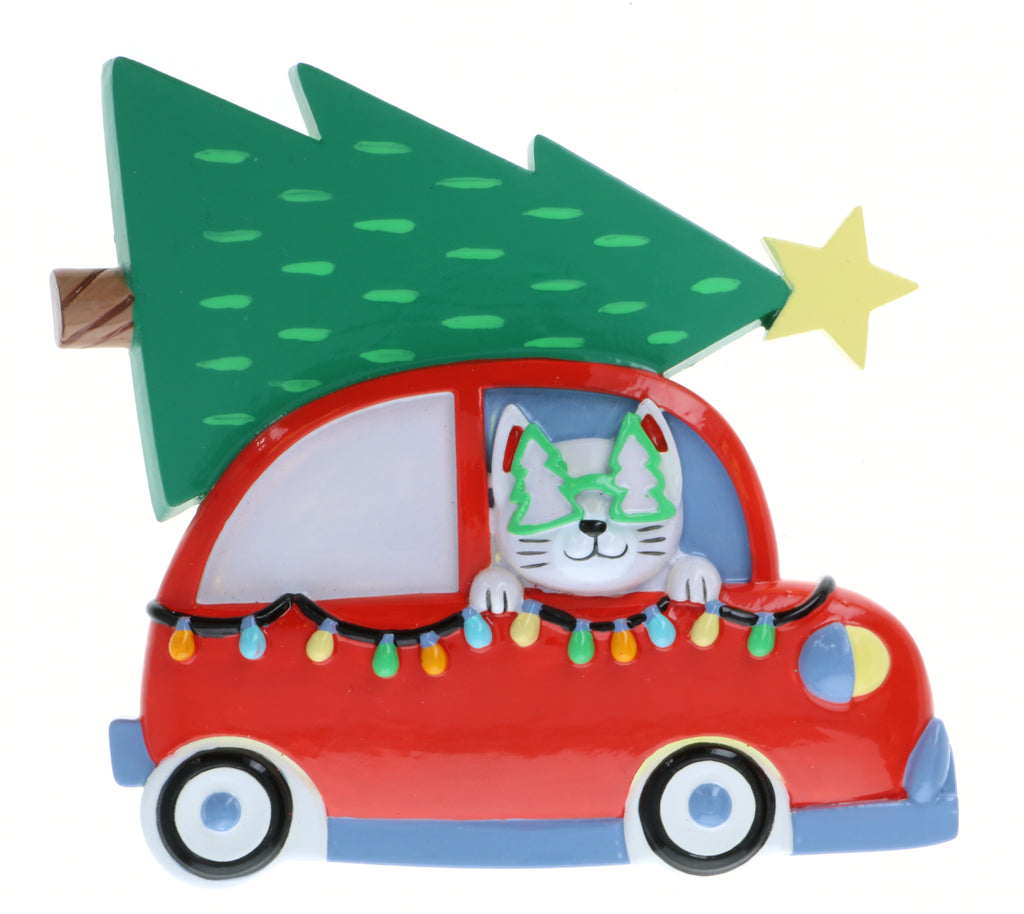 OR2215 - Cat in Car w/Tree on Top Personalized Christmas Ornament