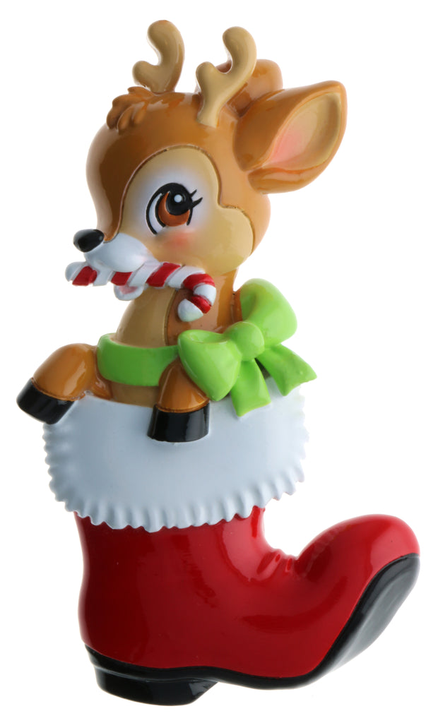 OR2393-RG - Nostalgic Baby Deer in Boot (Red & Green) Personalized Christmas Ornament