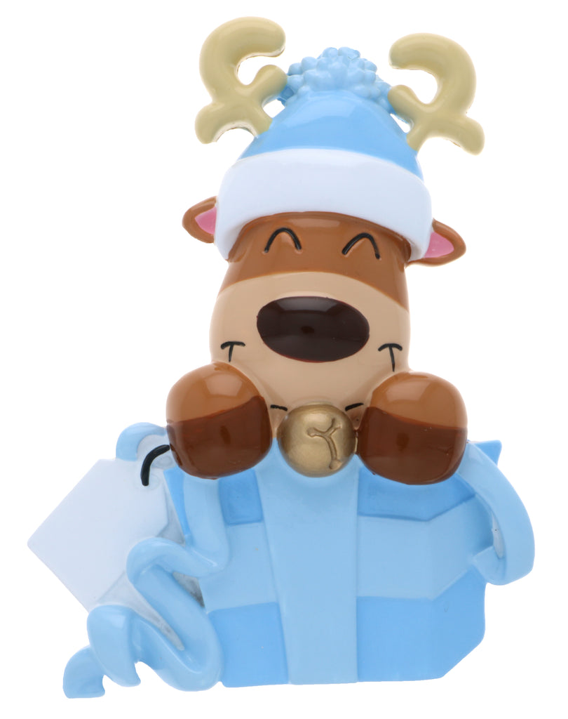 OR2398-B - Baby Reindeer in Gift Box (Blue) Personalized Christmas Ornament