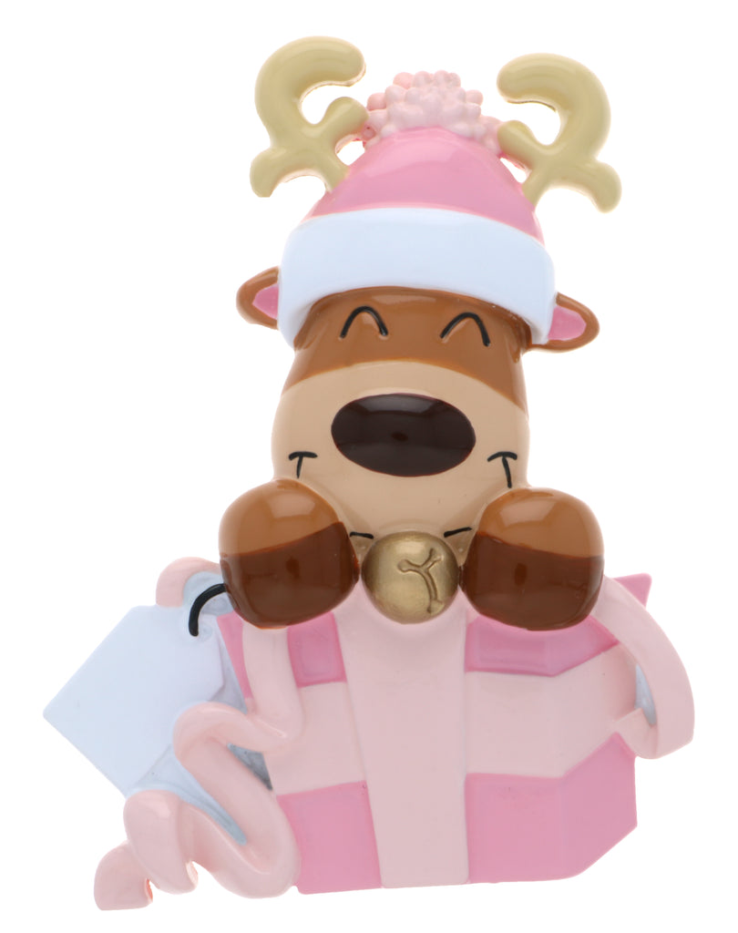 OR2398-P - Baby Reindeer in Gift Box (Pink) Personalized Christmas Ornament