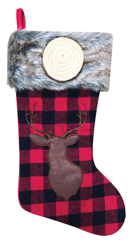 PBS156 RB - Red & Black Plaid with Brown Reindeer Personalized Christmas Stocking